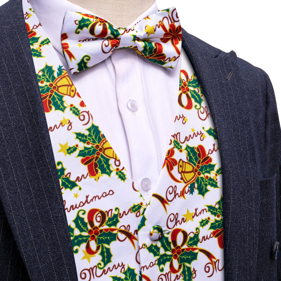 White Green Mistletoe Christmas Bowtie Vest Set vest set S (Chest 40")   - Sophisticated Gentlemen