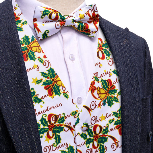 White Green Mistletoe Christmas Bowtie Vest Set vest set S (Chest 40")   - Sophisticated Gentlemen