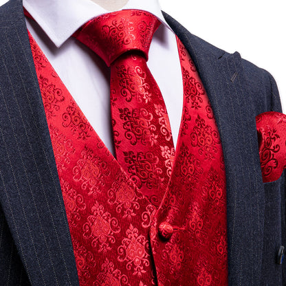 Red Jacquard Woven Classic Men's Vest Set vest set S (Chest 40")   - Sophisticated Gentlemen