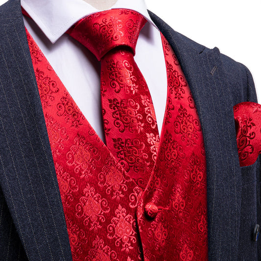 Red Jacquard Woven Classic Men's Vest Set vest set S (Chest 40")   - Sophisticated Gentlemen