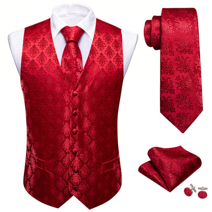 Red Jacquard Woven Classic Men's Vest Set vest set    - Sophisticated Gentlemen