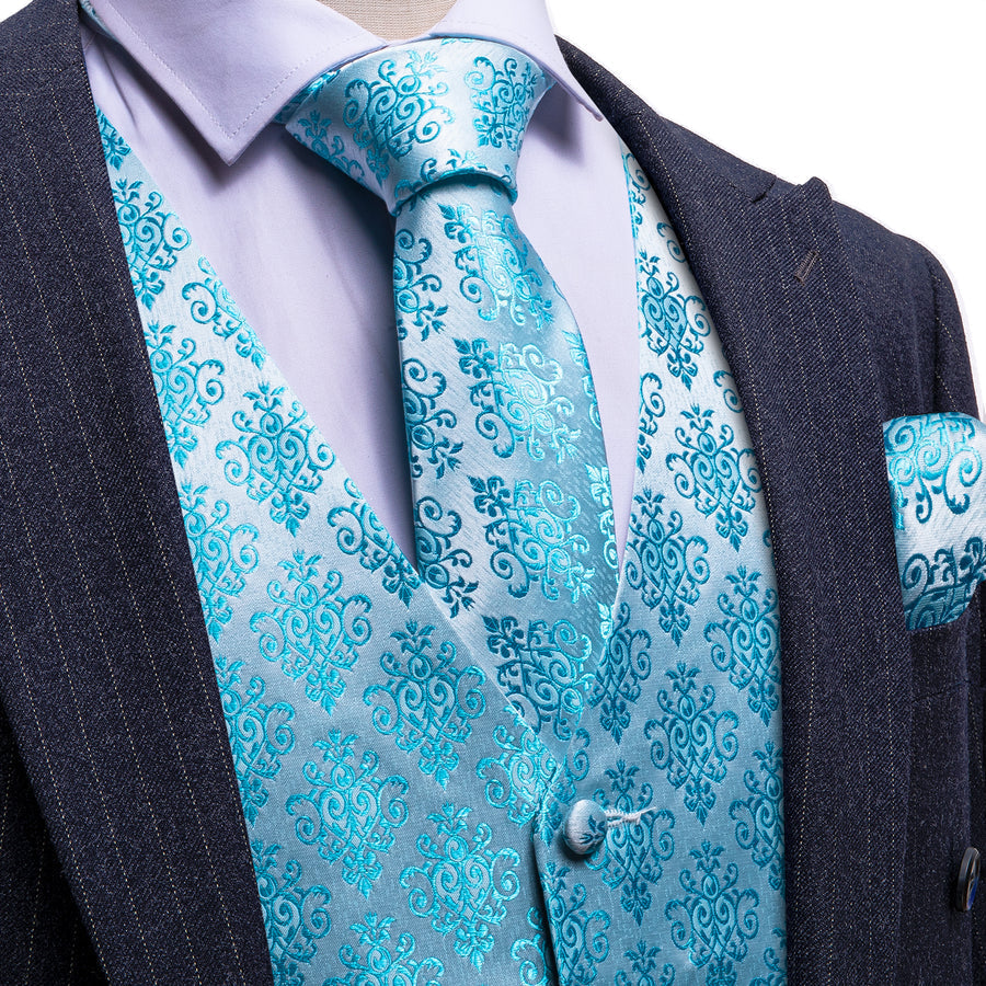 Sky Blue Jacquard Woven Classic Vest Set vest set S (Chest 40")   - Sophisticated Gentlemen