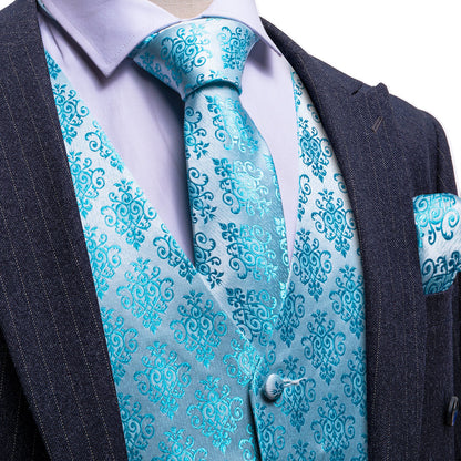 Sky Blue Jacquard Woven Classic Vest Set vest set S (Chest 40")   - Sophisticated Gentlemen
