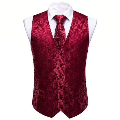 Wine Red Floral Silk Luxury Men's Vest Set vest set    - Sophisticated Gentlemen