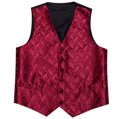 Wine Red Floral Silk Luxury Men's Vest Set vest set    - Sophisticated Gentlemen