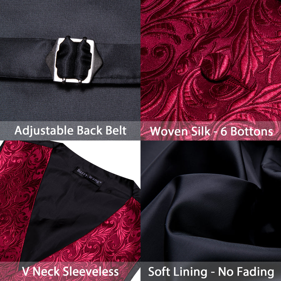 Wine Red Floral Silk Luxury Men's Vest Set vest set    - Sophisticated Gentlemen