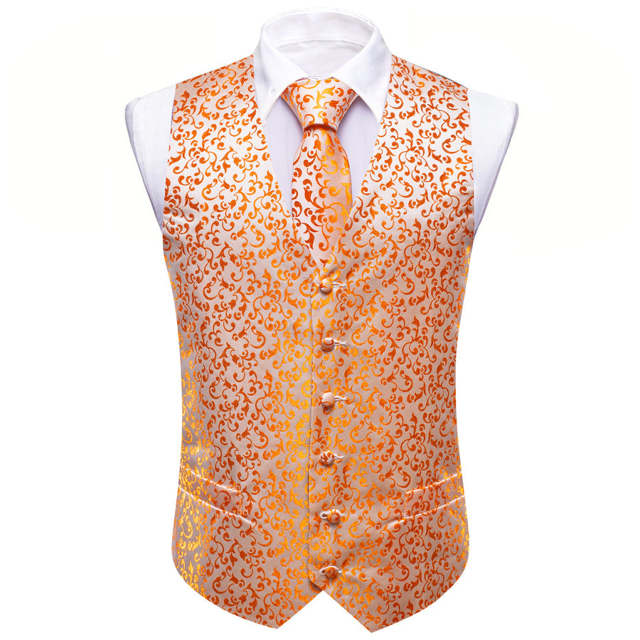 Orange Floral Silk Luxury Men's Vest Set vest set    - Sophisticated Gentlemen