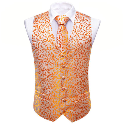 Orange Floral Silk Luxury Men's Vest Set vest set    - Sophisticated Gentlemen