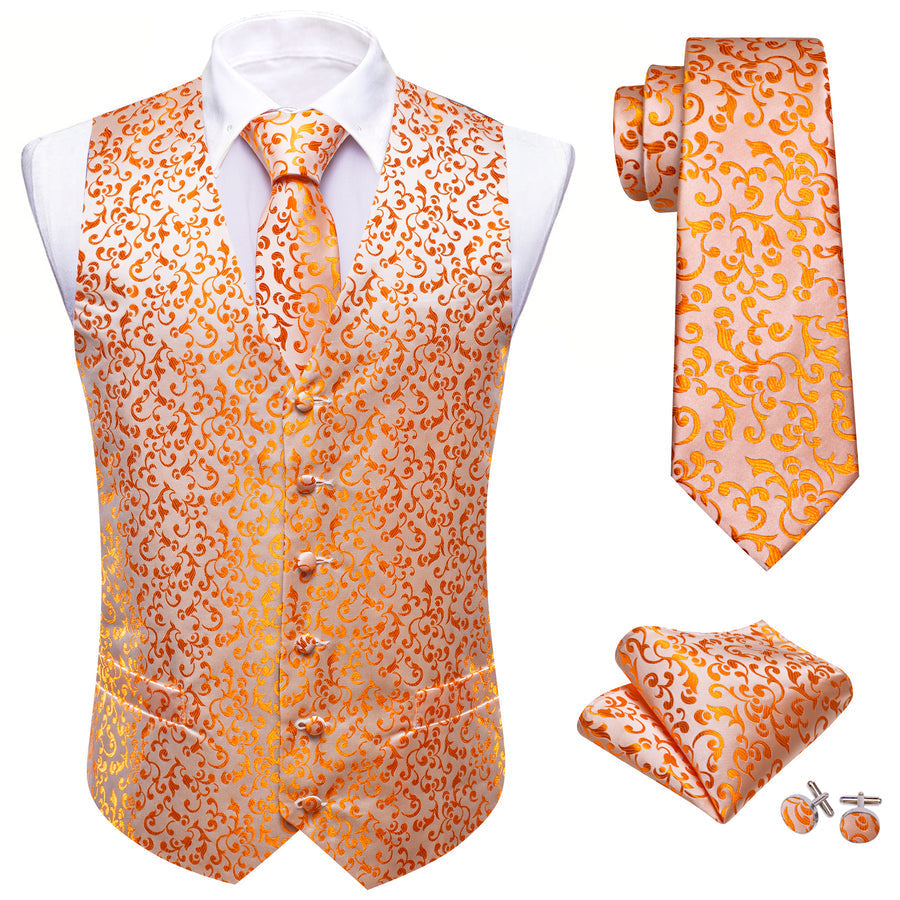 Orange Floral Silk Luxury Men's Vest Set vest set    - Sophisticated Gentlemen