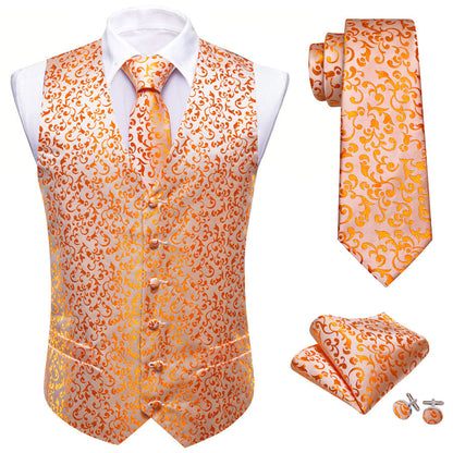 Orange Floral Silk Luxury Men's Vest Set vest set    - Sophisticated Gentlemen