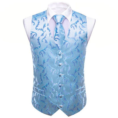 Blue Floral Silk Men's Vest Set vest set    - Sophisticated Gentlemen