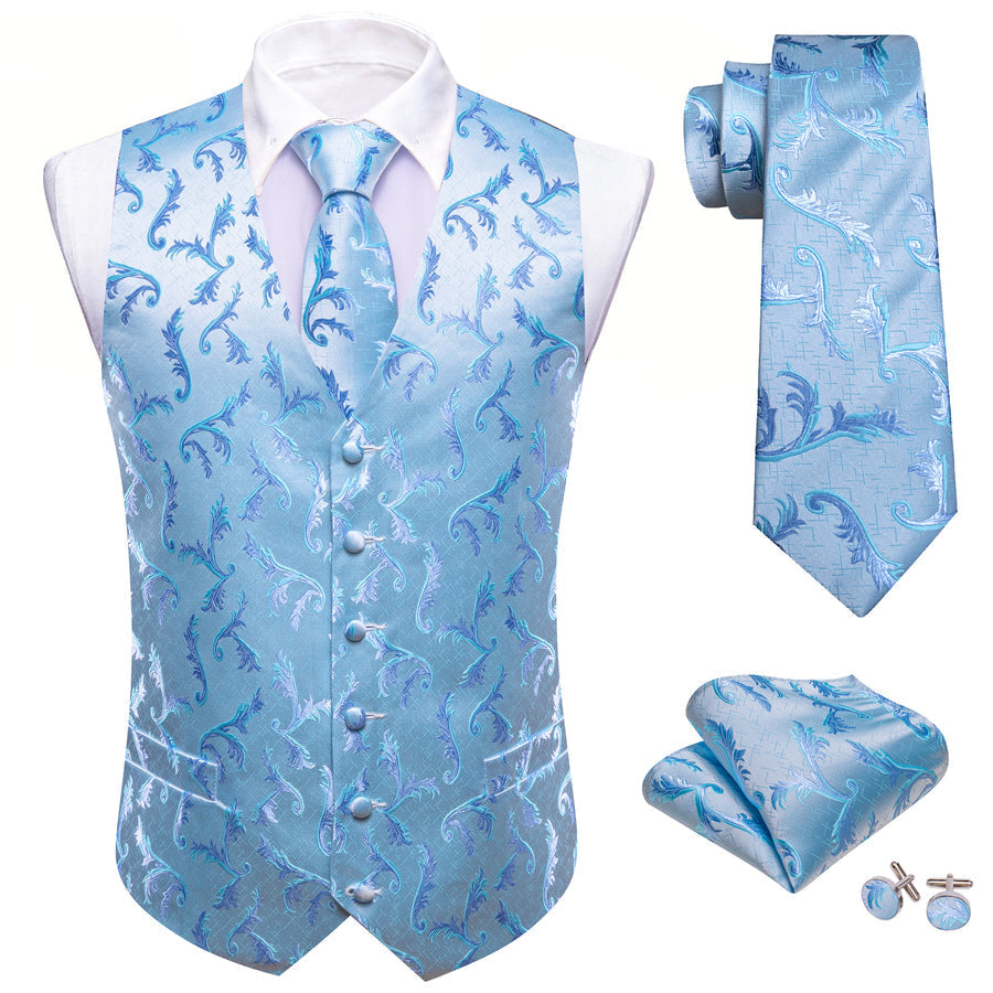 Blue Floral Silk Men's Vest Set vest set    - Sophisticated Gentlemen