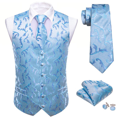 Blue Floral Silk Men's Vest Set vest set    - Sophisticated Gentlemen