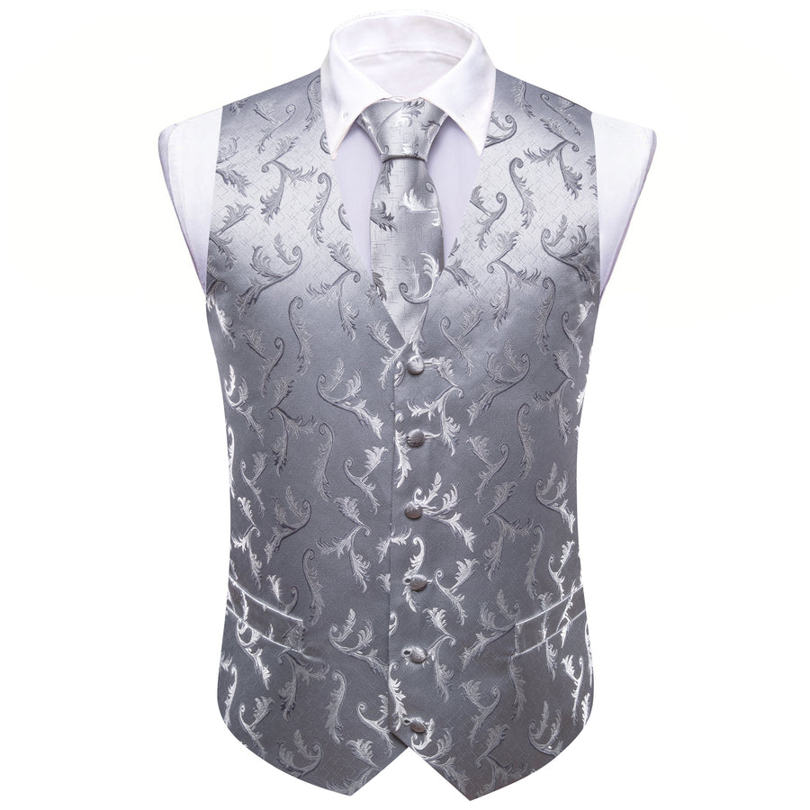 Silver Floral Silk Men's Vest Set vest set    - Sophisticated Gentlemen