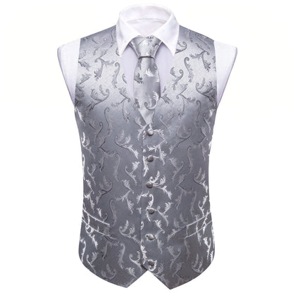 Silver Floral Silk Men's Vest Set vest set    - Sophisticated Gentlemen