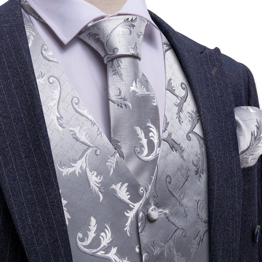 Silver Floral Silk Men's Vest Set vest set S (Chest 40")   - Sophisticated Gentlemen