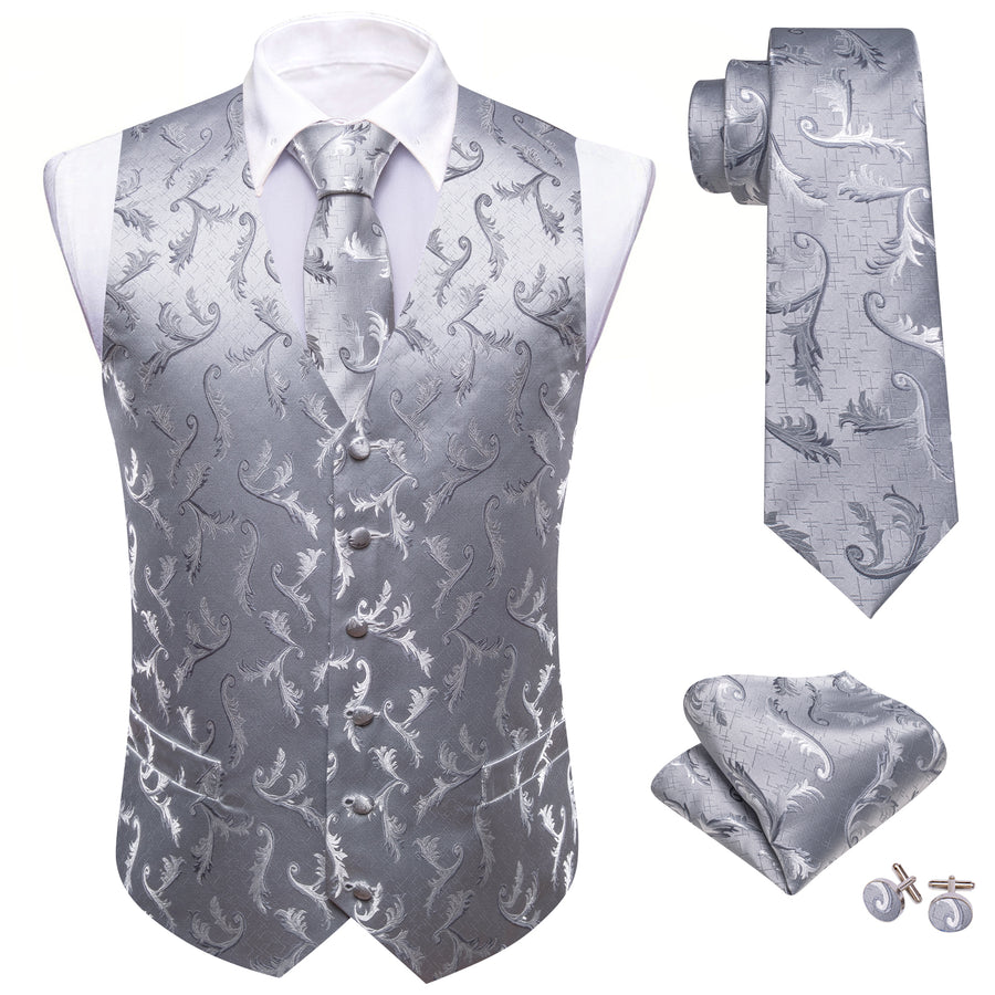 Silver Floral Silk Men's Vest Set vest set    - Sophisticated Gentlemen