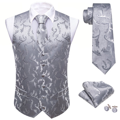 Silver Floral Silk Men's Vest Set vest set    - Sophisticated Gentlemen