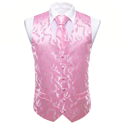 Pink Floral Silk Men's Vest Set vest set    - Sophisticated Gentlemen