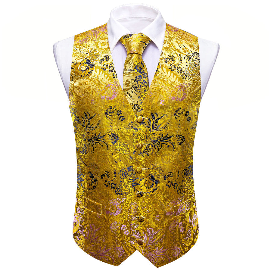 Yellow Floral Jacquard Silk Vest Set vest set    - Sophisticated Gentlemen