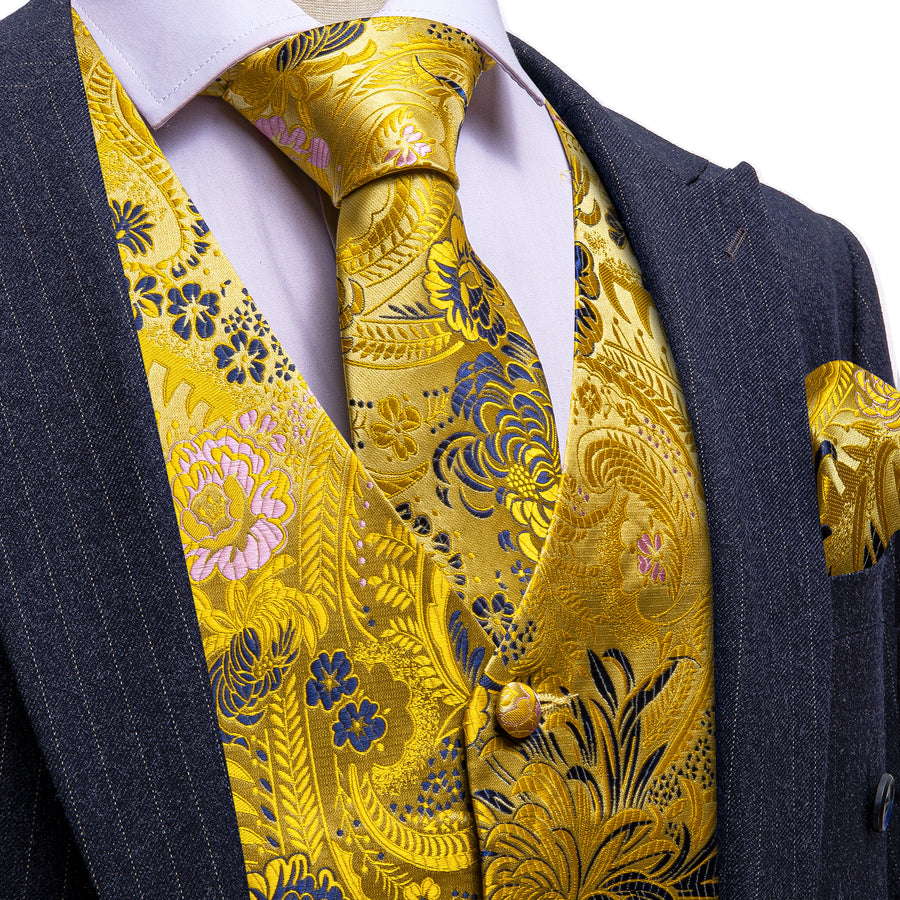 Yellow Floral Jacquard Silk Vest Set vest set S (Chest 40")   - Sophisticated Gentlemen