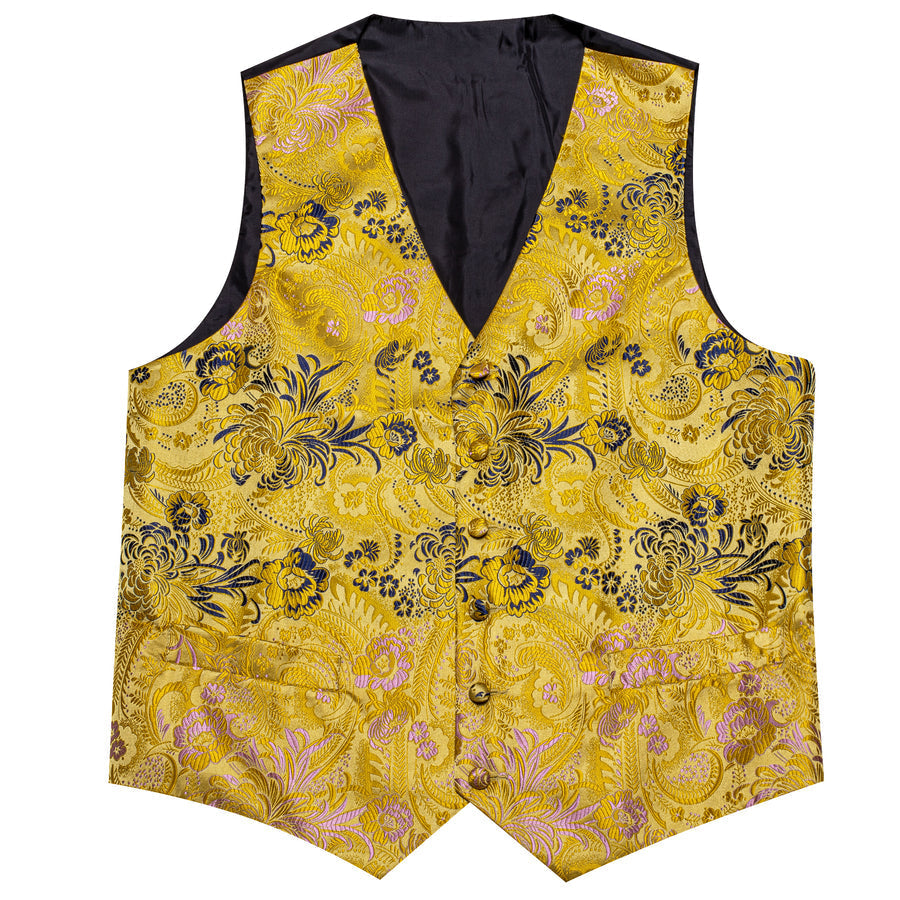 Yellow Floral Jacquard Silk Vest Set vest set    - Sophisticated Gentlemen
