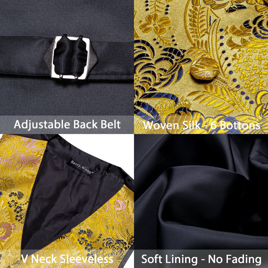 Yellow Floral Jacquard Silk Vest Set vest set    - Sophisticated Gentlemen
