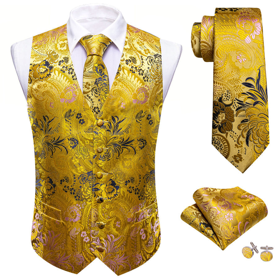 Yellow Floral Jacquard Silk Vest Set vest set    - Sophisticated Gentlemen