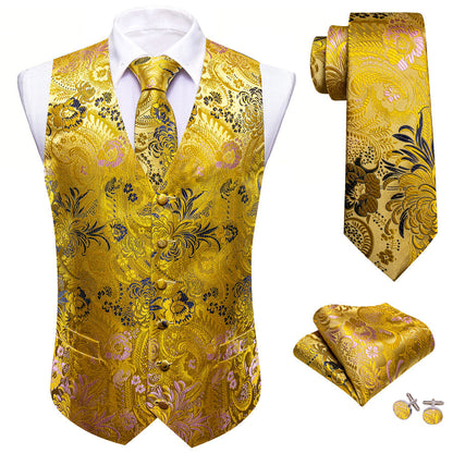 Yellow Floral Jacquard Silk Vest Set vest set    - Sophisticated Gentlemen