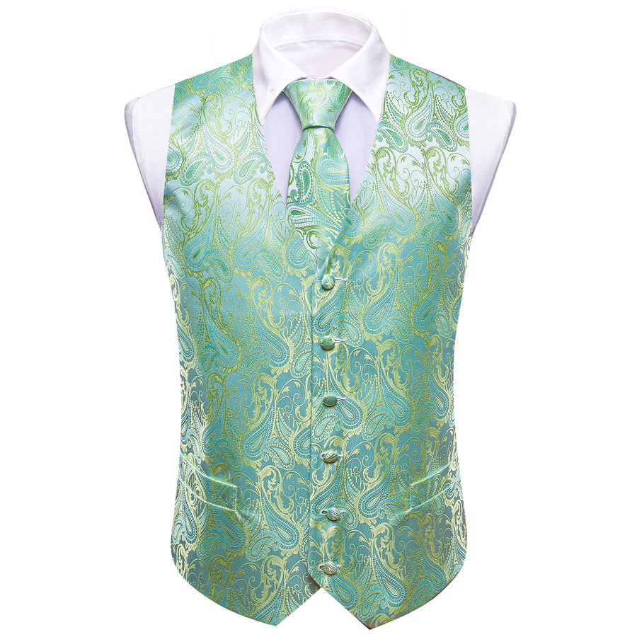 Light Green Paisley Silk Vest Set vest set    - Sophisticated Gentlemen