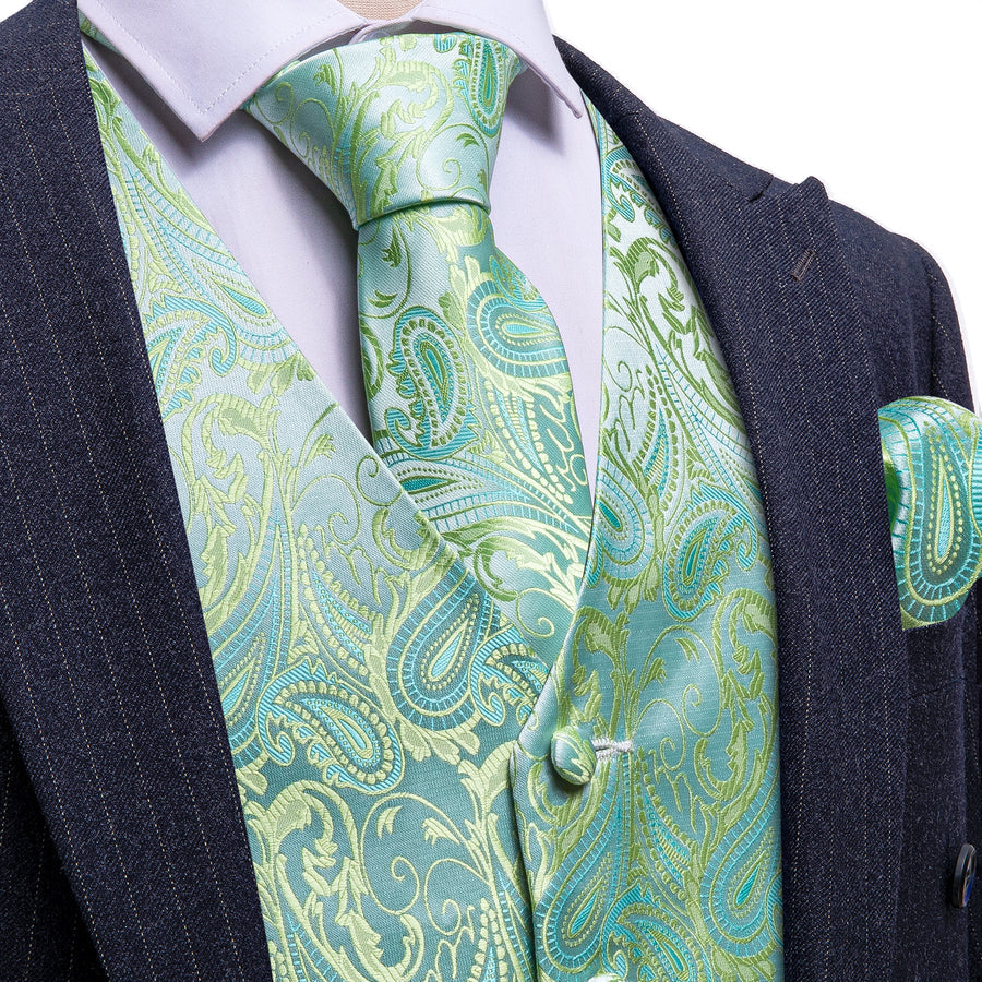 Light Green Paisley Silk Vest Set vest set S (Chest 40")   - Sophisticated Gentlemen