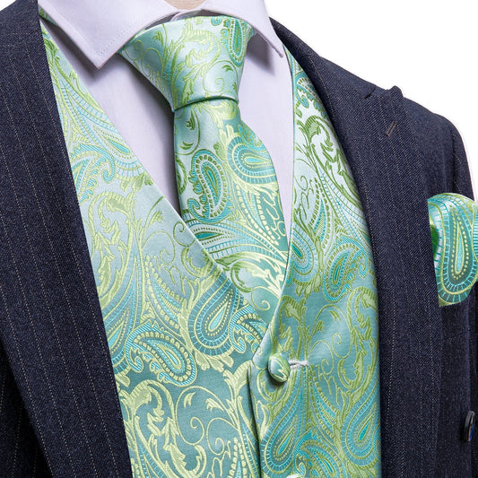 Light Green Paisley Silk Vest Set vest set S (Chest 40")   - Sophisticated Gentlemen