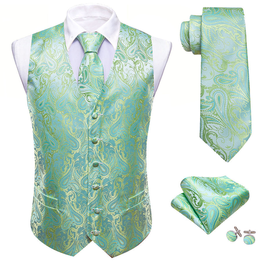 Light Green Paisley Silk Vest Set vest set    - Sophisticated Gentlemen