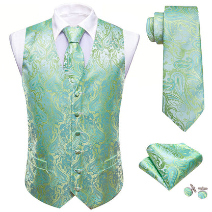 Light Green Paisley Silk Vest Set vest set    - Sophisticated Gentlemen