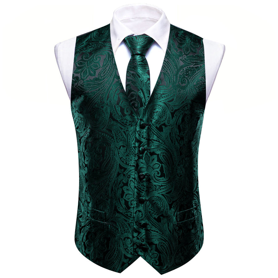 Black Emerald Green Paisley Silk Vest Set vest set    - Sophisticated Gentlemen