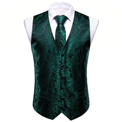 Black Emerald Green Paisley Silk Vest Set vest set    - Sophisticated Gentlemen