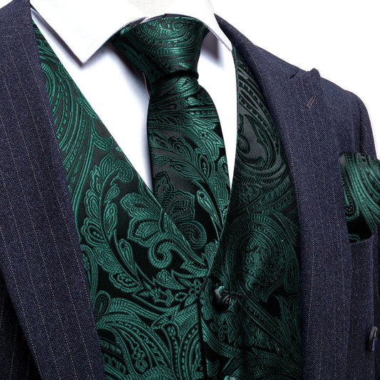 Black Emerald Green Paisley Silk Vest Set vest set S (Chest 40")   - Sophisticated Gentlemen