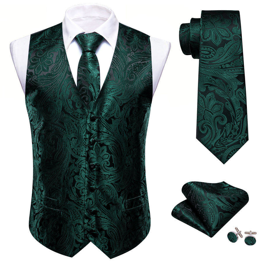 Black Emerald Green Paisley Silk Vest Set vest set    - Sophisticated Gentlemen