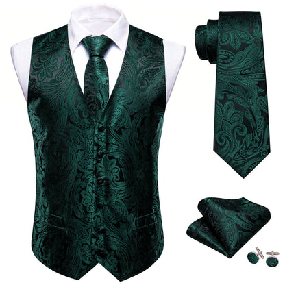Black Emerald Green Paisley Silk Vest Set vest set    - Sophisticated Gentlemen