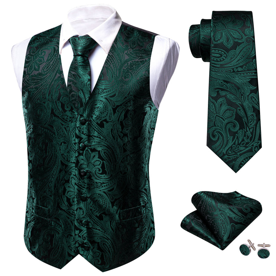 Black Emerald Green Paisley Silk Vest Set vest set    - Sophisticated Gentlemen