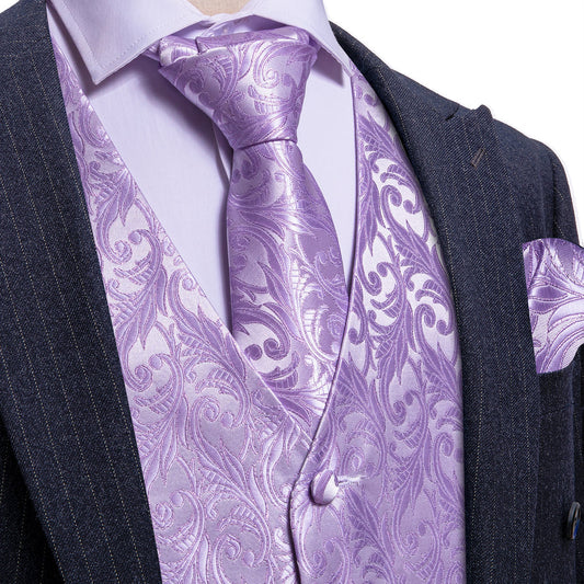 Light Purple Floral Jacquard Men's Vest Set vest set S (Chest 40")   - Sophisticated Gentlemen