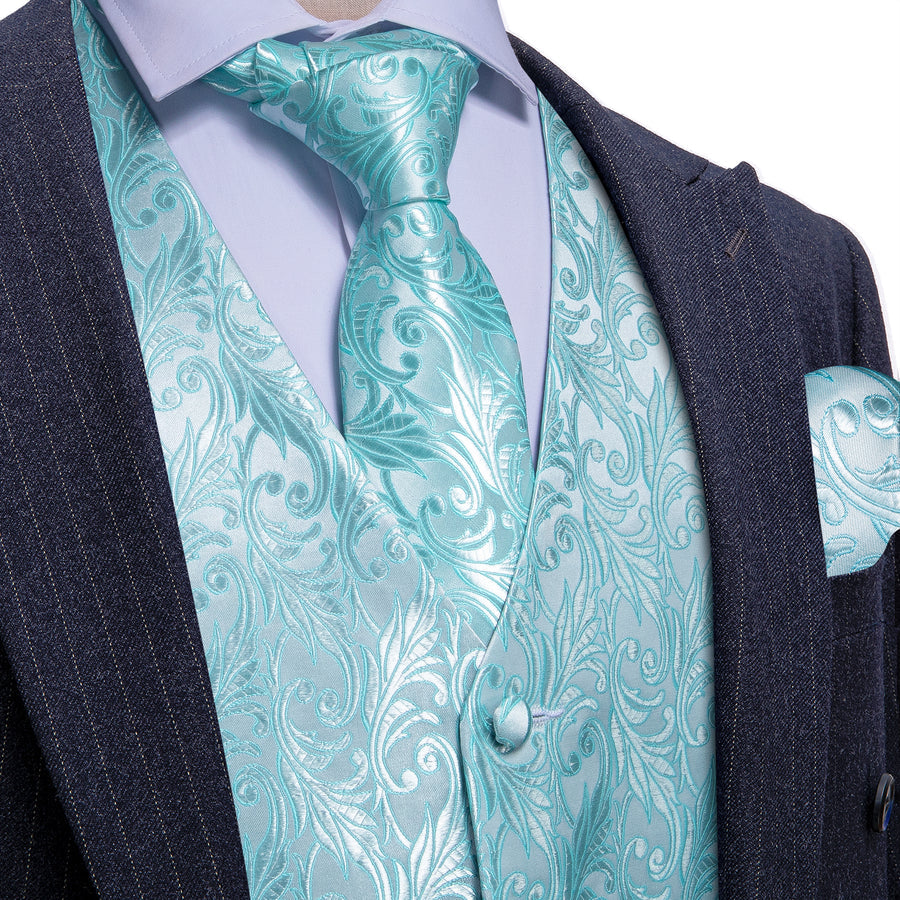 Light Blue Floral Jacquard Men's Vest Set vest set S (Chest 40")   - Sophisticated Gentlemen