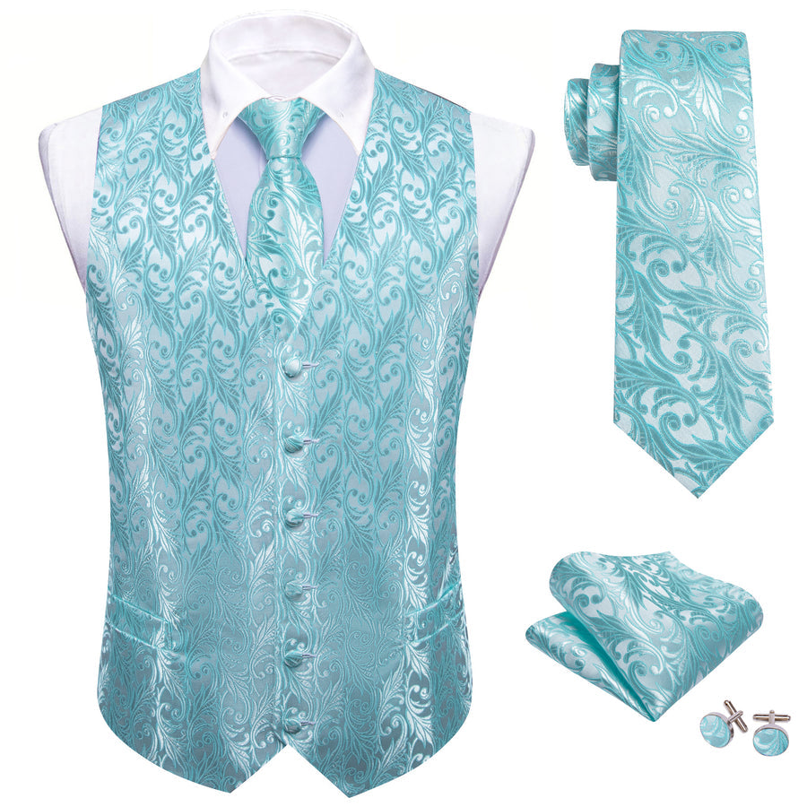 Light Blue Floral Jacquard Men's Vest Set vest set    - Sophisticated Gentlemen