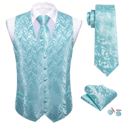 Light Blue Floral Jacquard Men's Vest Set vest set    - Sophisticated Gentlemen