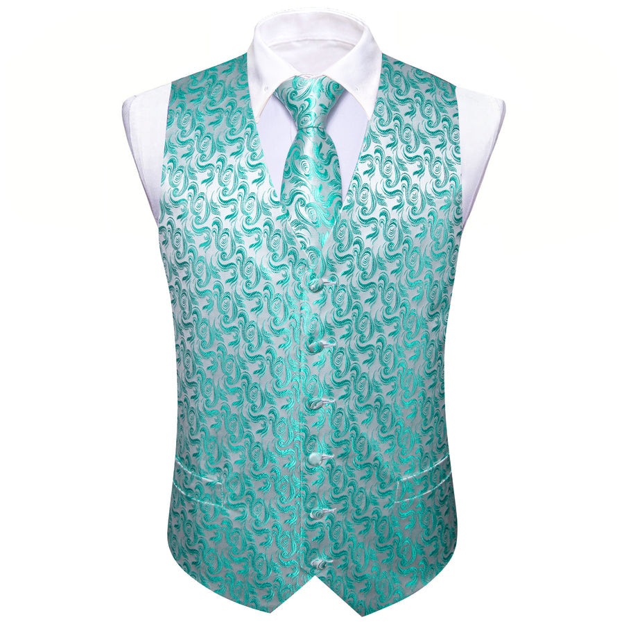 Mint Blue Floral Jacquard Men's Vest Set vest set    - Sophisticated Gentlemen