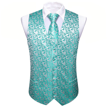 Mint Blue Floral Jacquard Men's Vest Set vest set    - Sophisticated Gentlemen