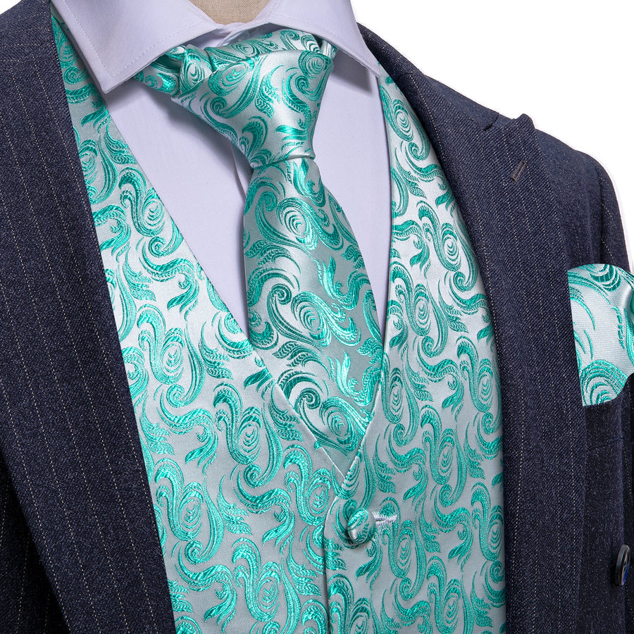 Mint Blue Floral Jacquard Men's Vest Set vest set S (Chest 40")   - Sophisticated Gentlemen