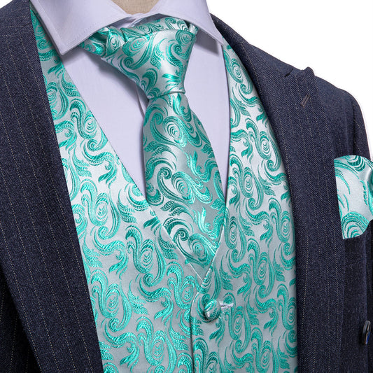 Mint Blue Floral Jacquard Men's Vest Set vest set S (Chest 40")   - Sophisticated Gentlemen
