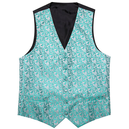 Mint Blue Floral Jacquard Men's Vest Set vest set    - Sophisticated Gentlemen