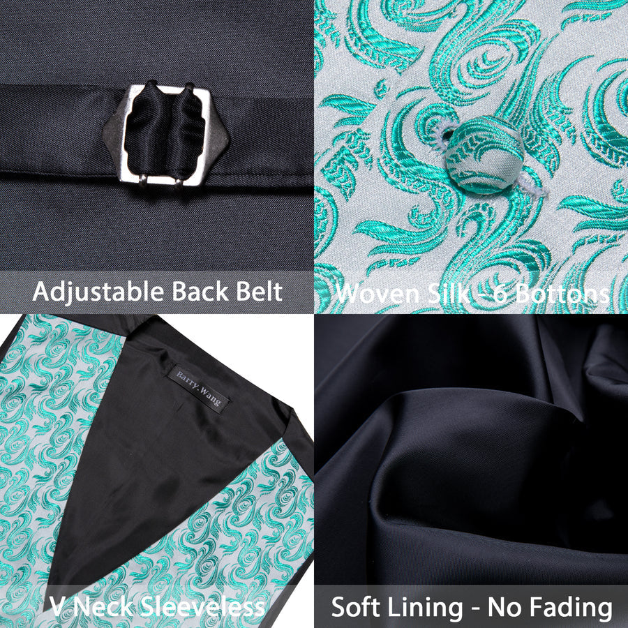 Mint Blue Floral Jacquard Men's Vest Set vest set    - Sophisticated Gentlemen